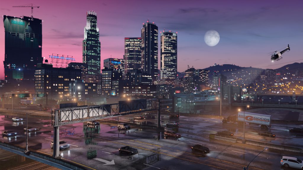 Downtown Los Santos skyline at dusk with a helicopter over the freeway