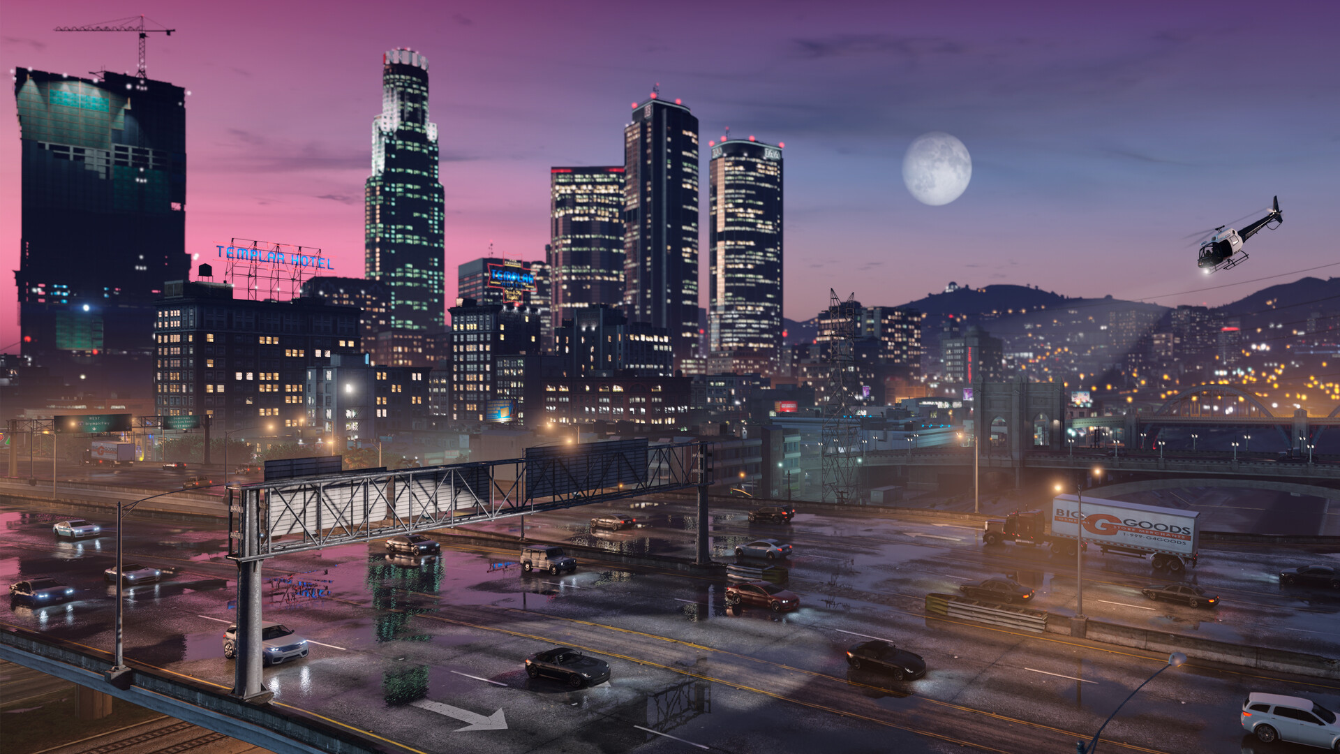 Downtown Los Santos skyline at dusk with a helicopter over the freeway
