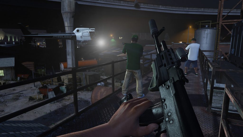 First-person shootout on a rooftop at night as a police helicopter shines its searchlight