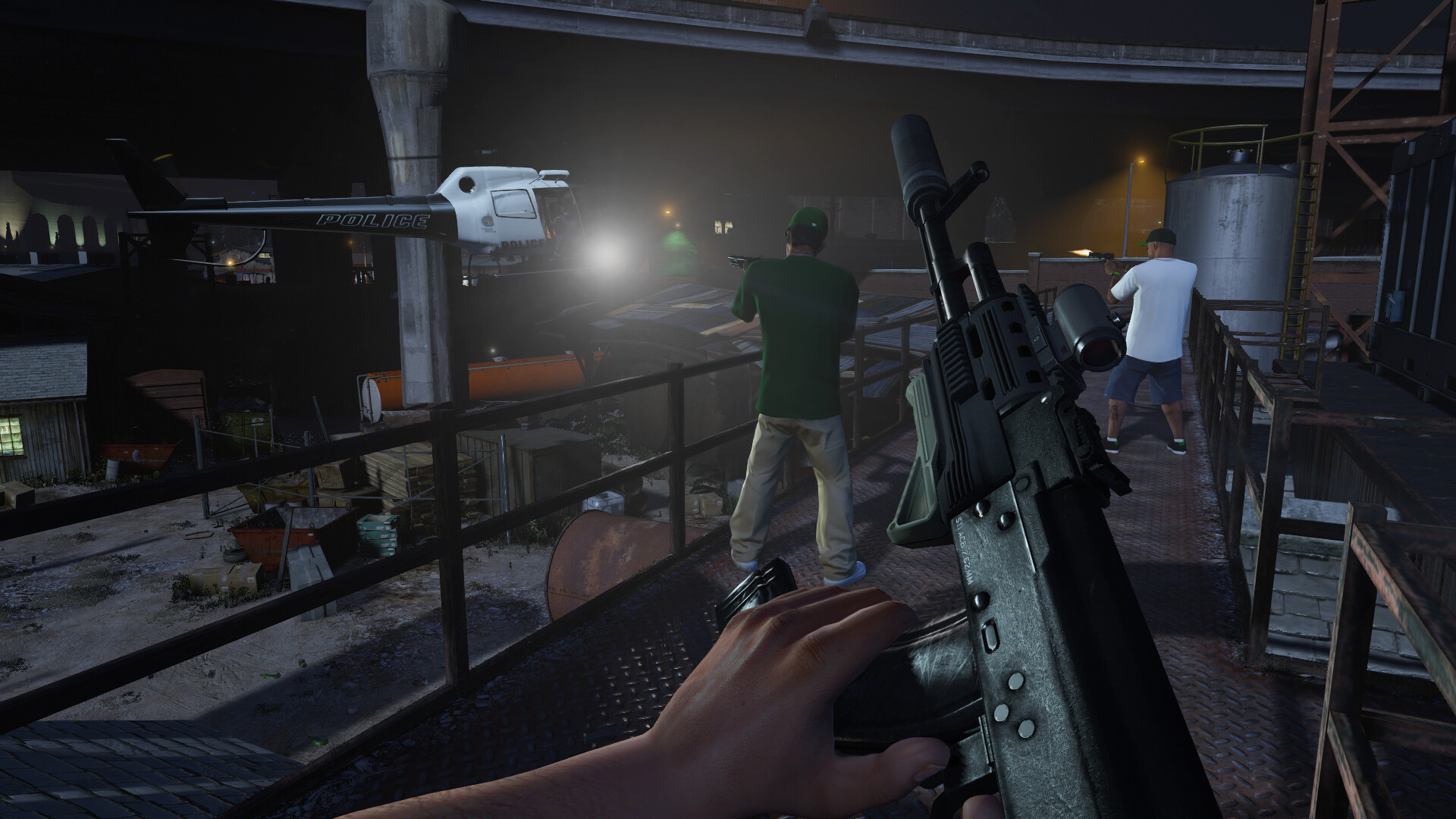First-person shootout on a rooftop at night as a police helicopter shines its searchlight