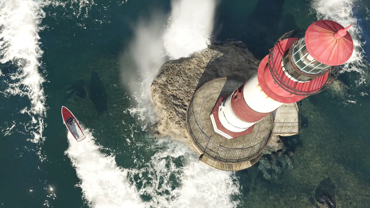 Aerial view of a speedboat racing past a red and white lighthouse in GTA V