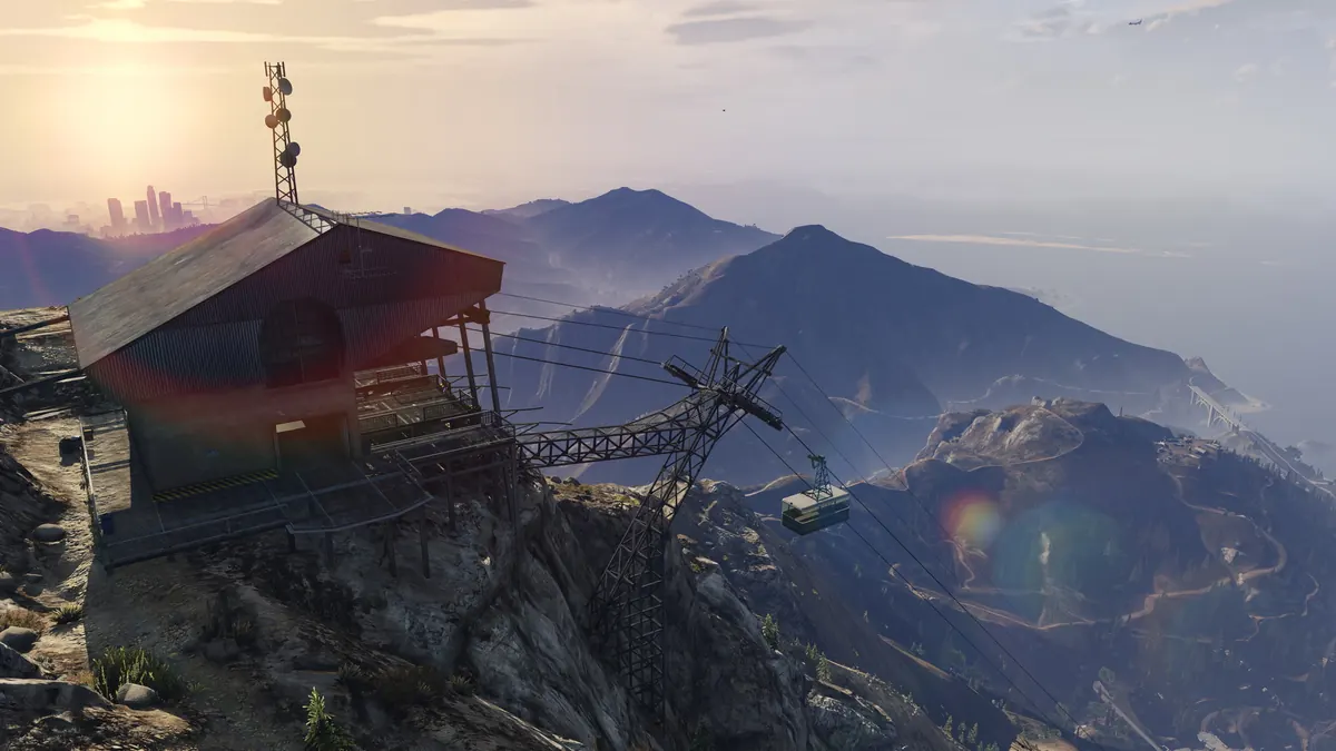 Mount Chiliad cable car station overlooking the Blaine County hills in GTA V