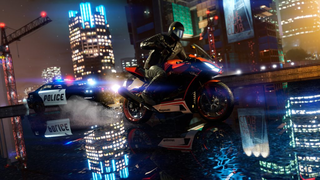 A police motorbike chasing a car through neon-lit streets at night
