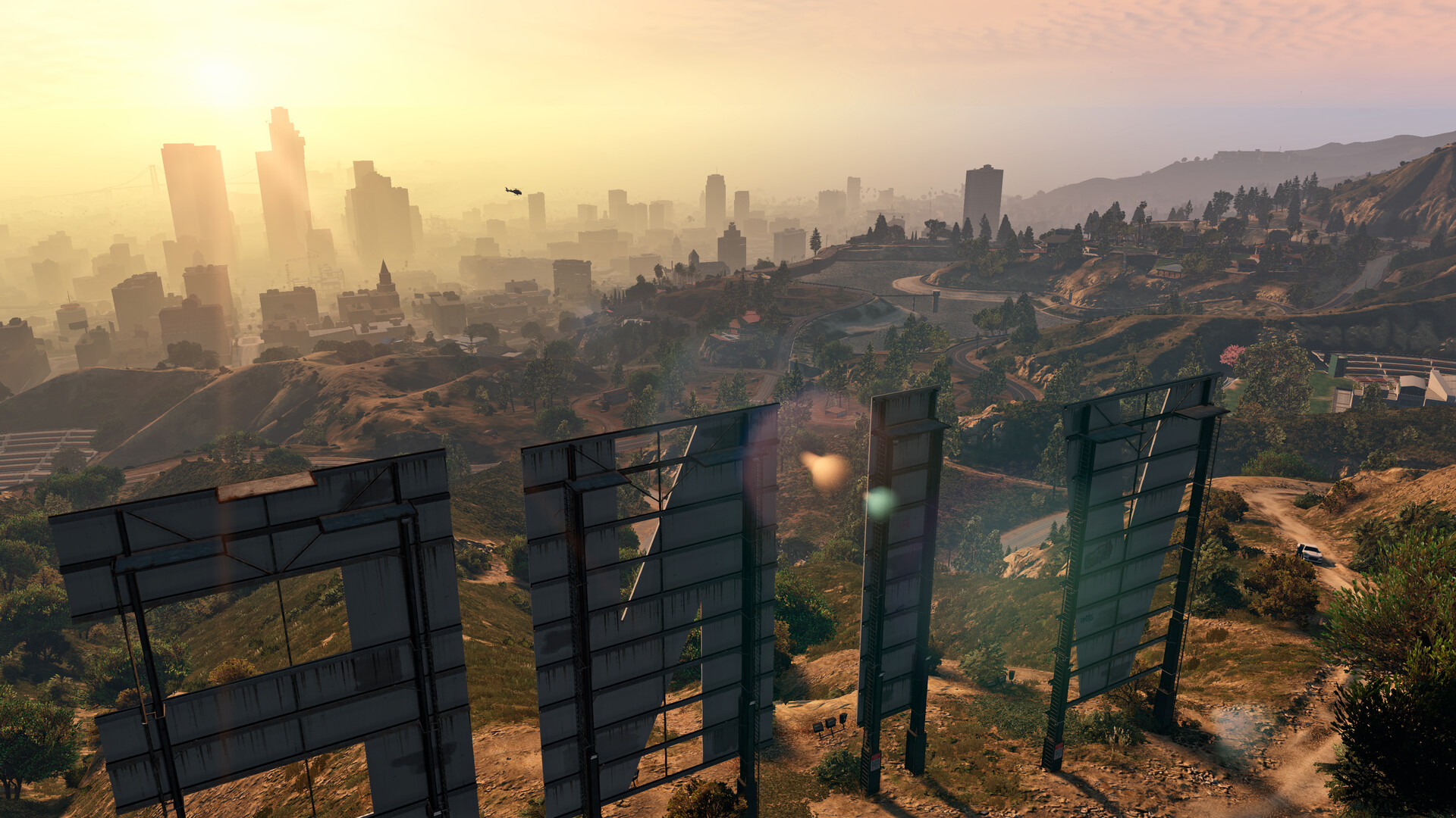 View over the Vinewood Hills and Los Santos from behind the giant Vinewood sign letters